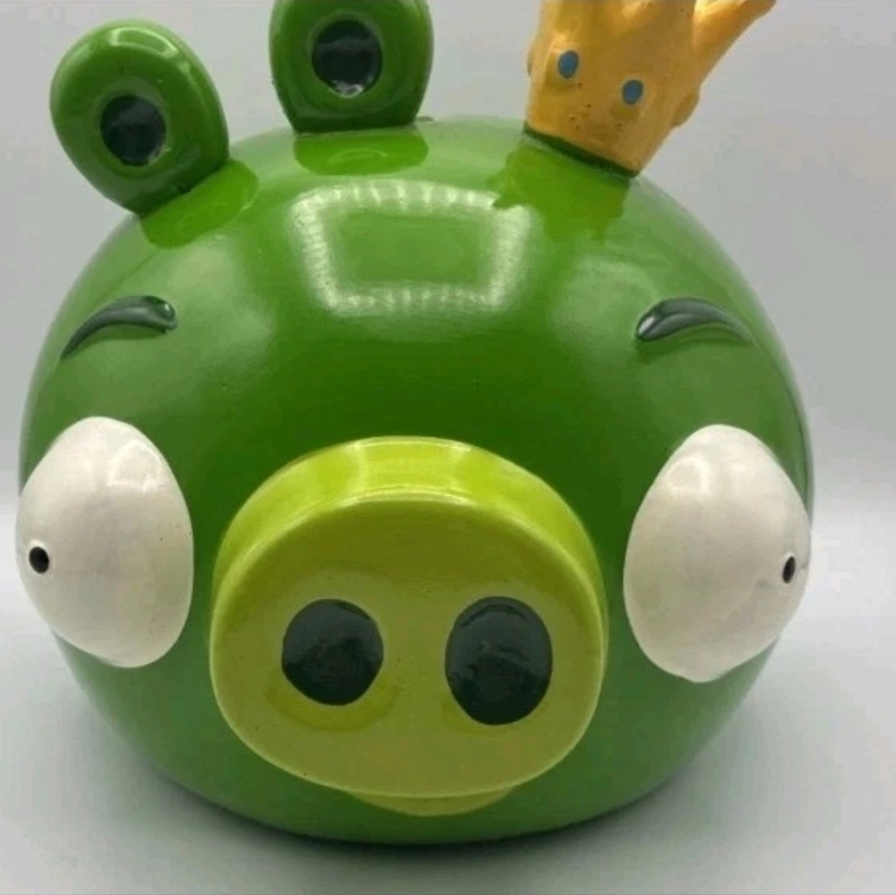Angry Birds King Pig Green Ceramic Coin Piggy Bank 8” Crown Round Tabletop Large